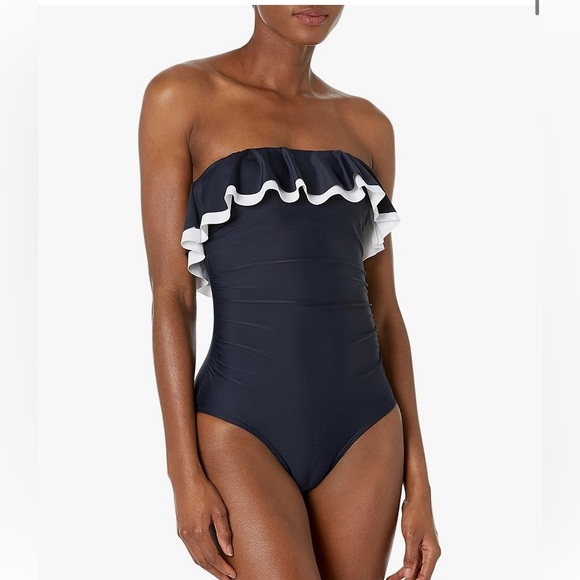 New Tommy Hilfiger Women's Bandeau One Piece Swimsuit_Navy&white_size 10 - Picture 4 of 10